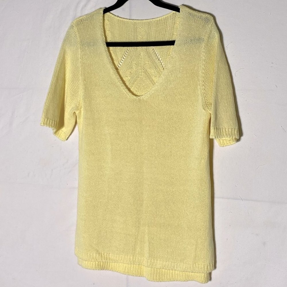 Butter Yellow Lightweight Acrylic Knit Short Sleeve V Neck Sweater M Cottagecore